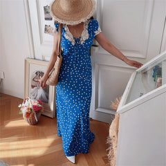 Ingvn  Blue Polka Dot Lace Bubble Sleeve Long Dress Chenopod Spring Summer Vintage Style Holiday Dress Women's H Version Polyester