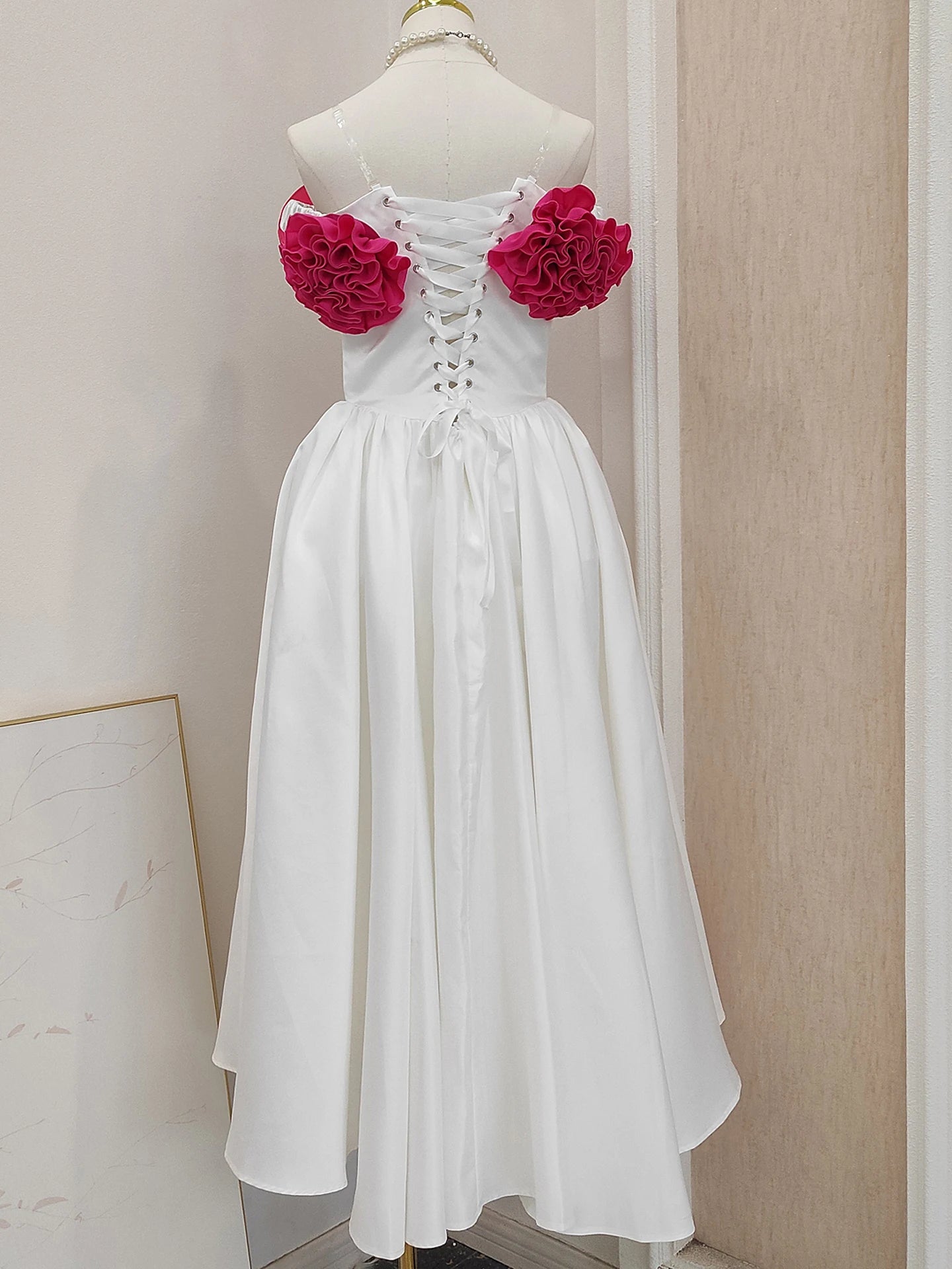 Ingvn  French Elegant Temperament 3D Flower Off-Shoulder Strapless Dress Fishbone Lace-up Bow High Waist A-line Evening Dress Women