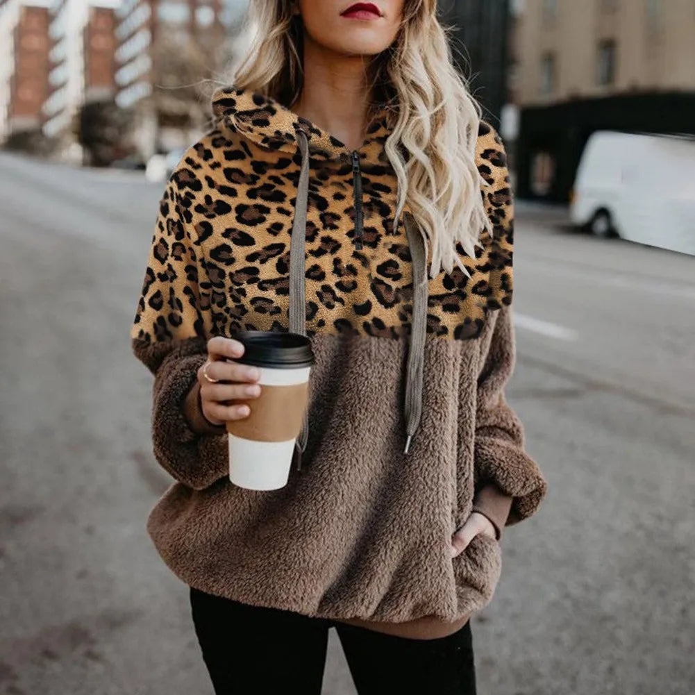 Ingvn  New Women Fashion Autumn and Winter Long-sleeved Sweatshirt Ladies Leopard Print Patchwork Zipper Casual Loose Pullovers Top
