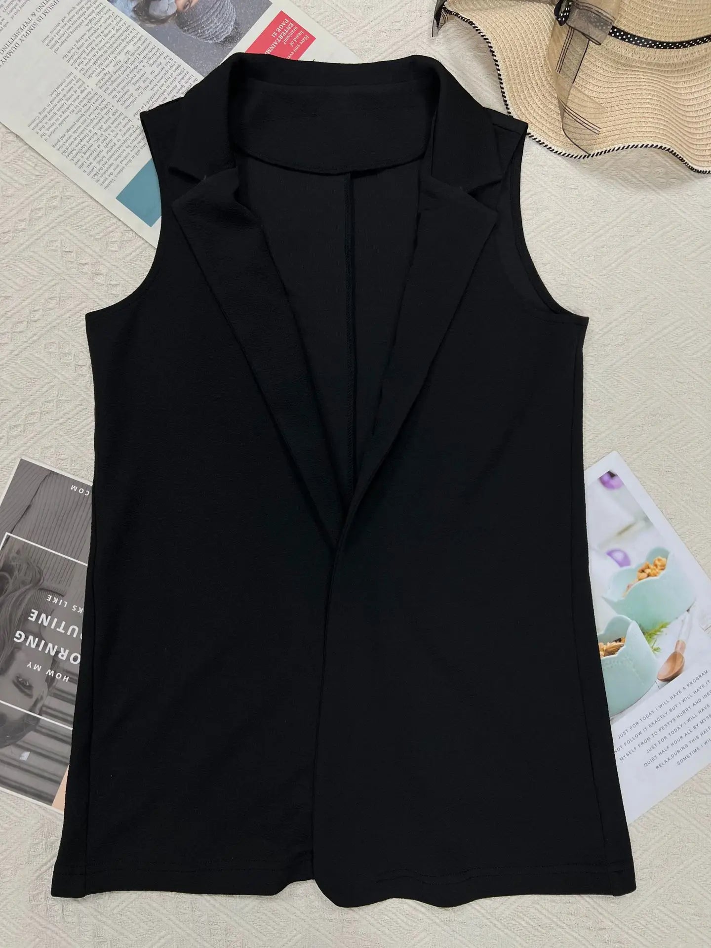 Ingvn  Women's Summer New Black Sleeveless Blazer Vest Stand Collar Open Front Cardigan Casual Office Outerwear