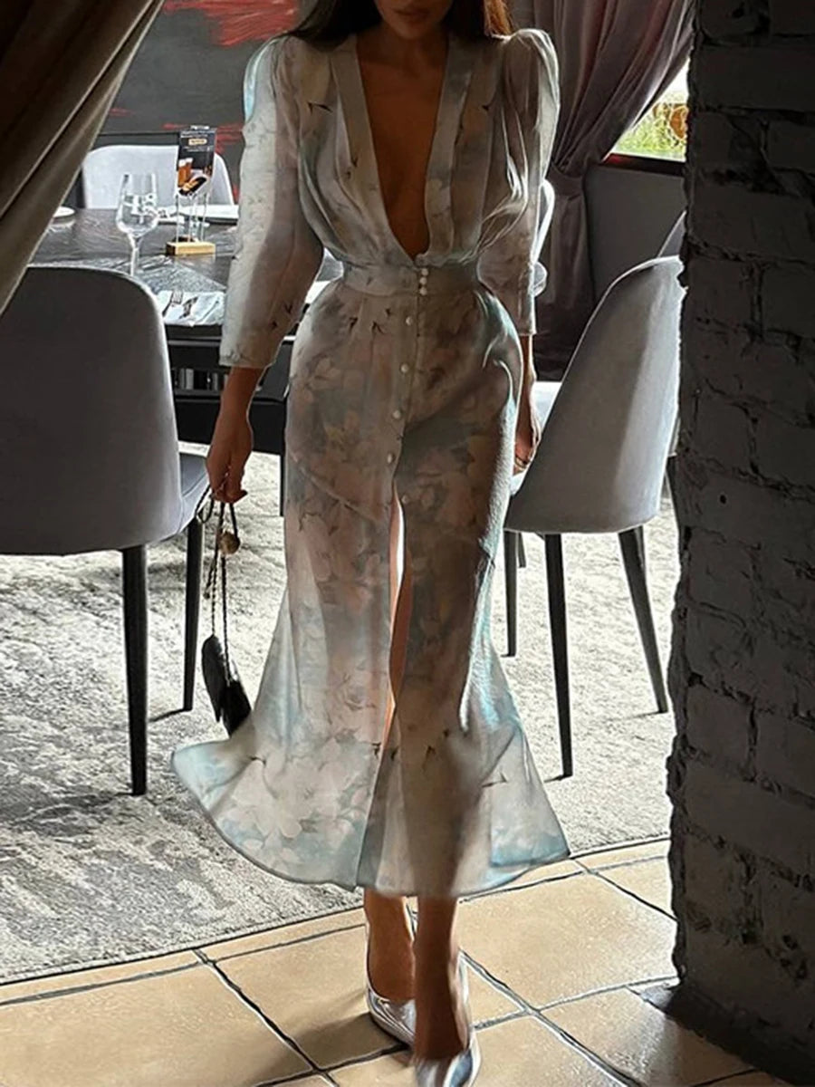 Ingvn  Vintage Printing Dresses for Women Deep Neck Shoulder Pad Wrist Sleeves High Waist Temperament Midi Dress Female