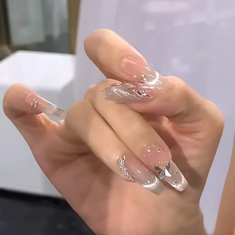 Ingvn  24pcs Fingernails Cheap Artificial Fake Nails Coffin Adhesive Press on Nails French Cat Eye 3d Butterfly False Nails with Glue
