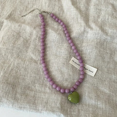 Ingvn  New Color Beaded Chain Resin Heart Pendant Necklace For Women Girls Trendy Clavicle Chain Delicate Jewelry Gift