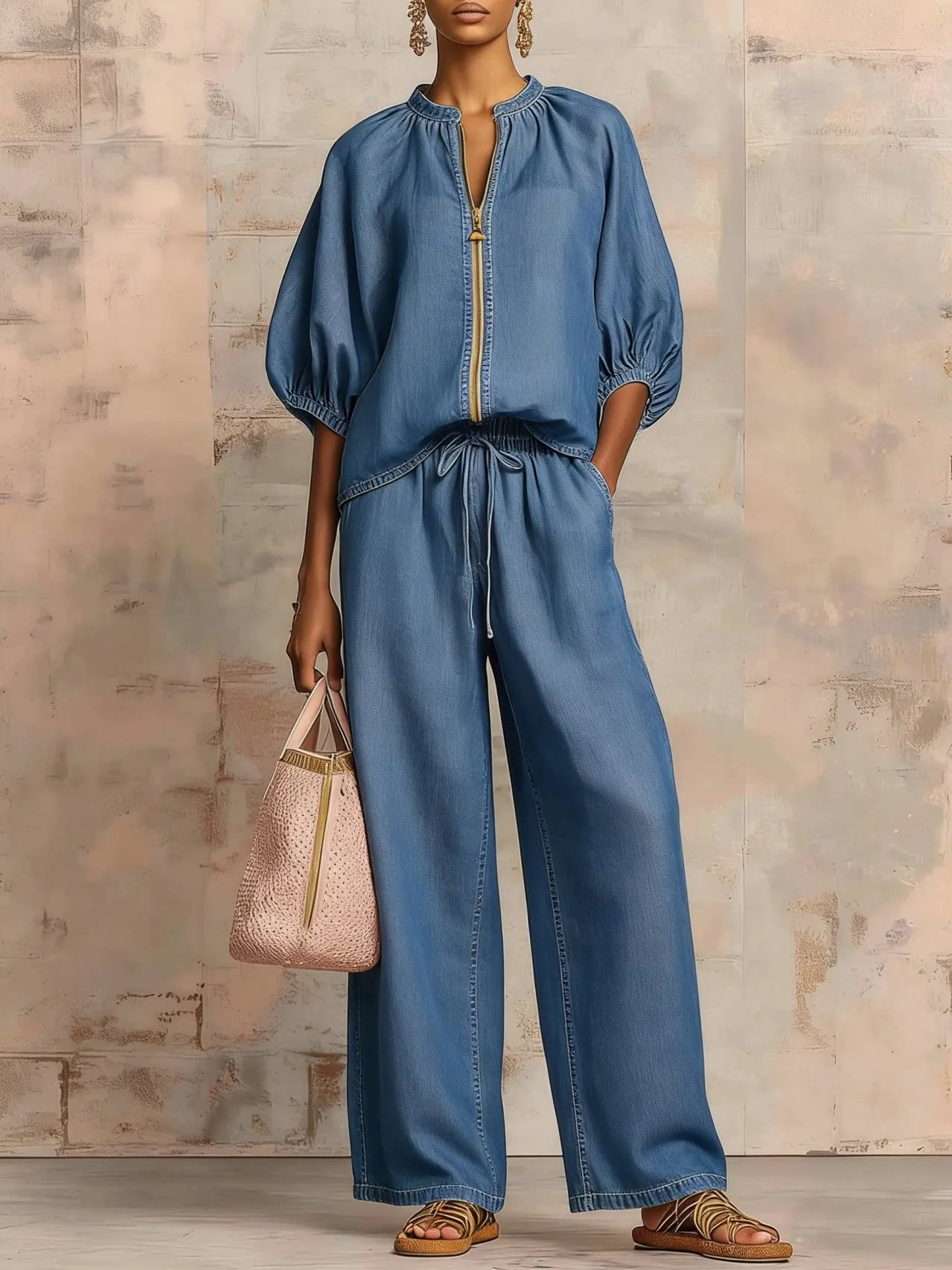 Ingvn  Womens Matching Sets Summer Casual Loose Zipper Tops And Wide Leg Pants 2 Piece Set Outfits Women Elegant