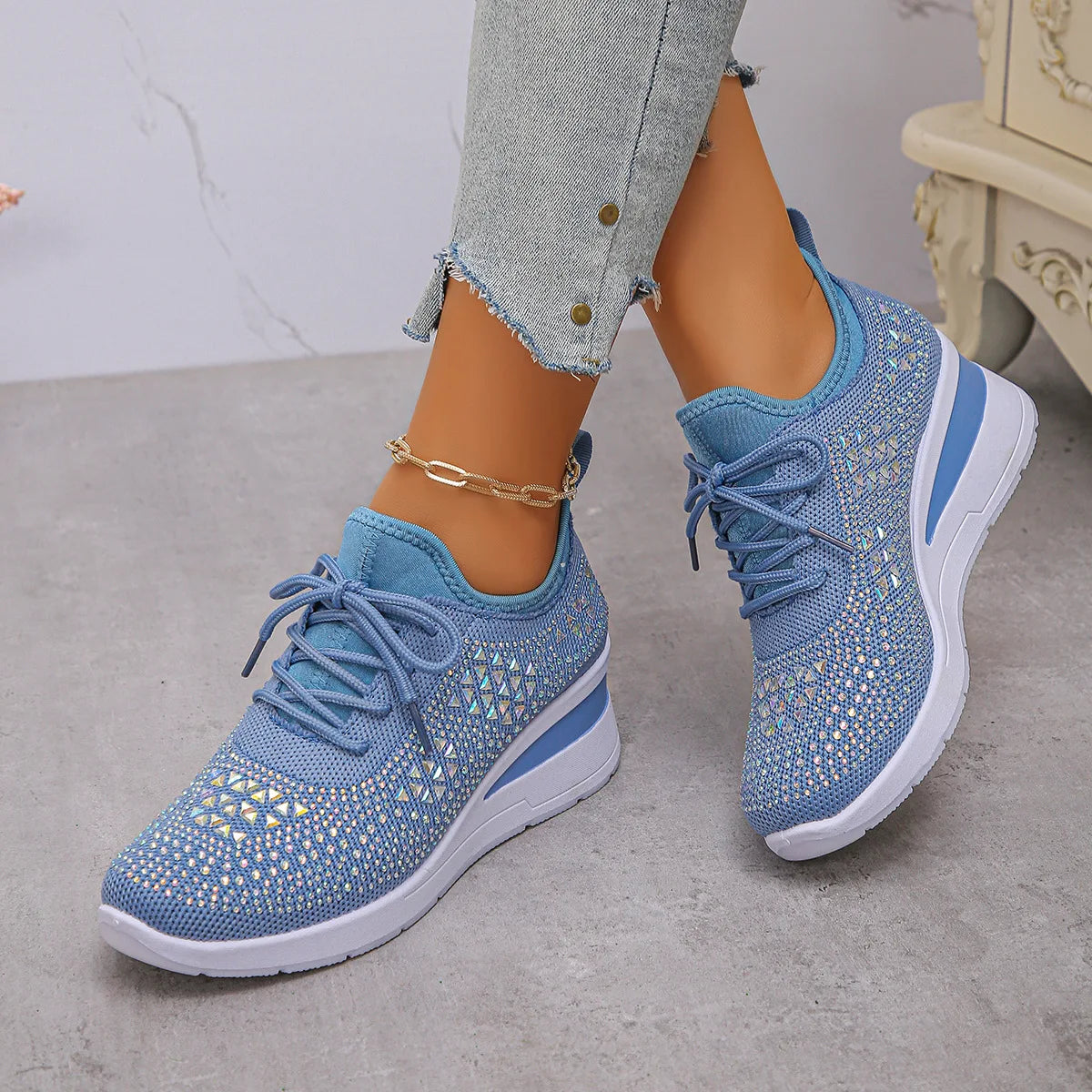 Ingvn  Lady's Shoes New Women Mesh Platform Sneakers High Heels Wedges Thick Bottom Sneakers Breathable Casual Vulcanize Shoes