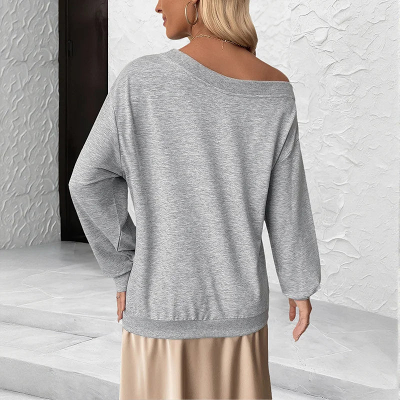 Ingvn - European American New Autumn Winter Women Sweatshirt 3d Floral Design Long Sleeve Off Shoulder Loose Casual Versatile Pullover