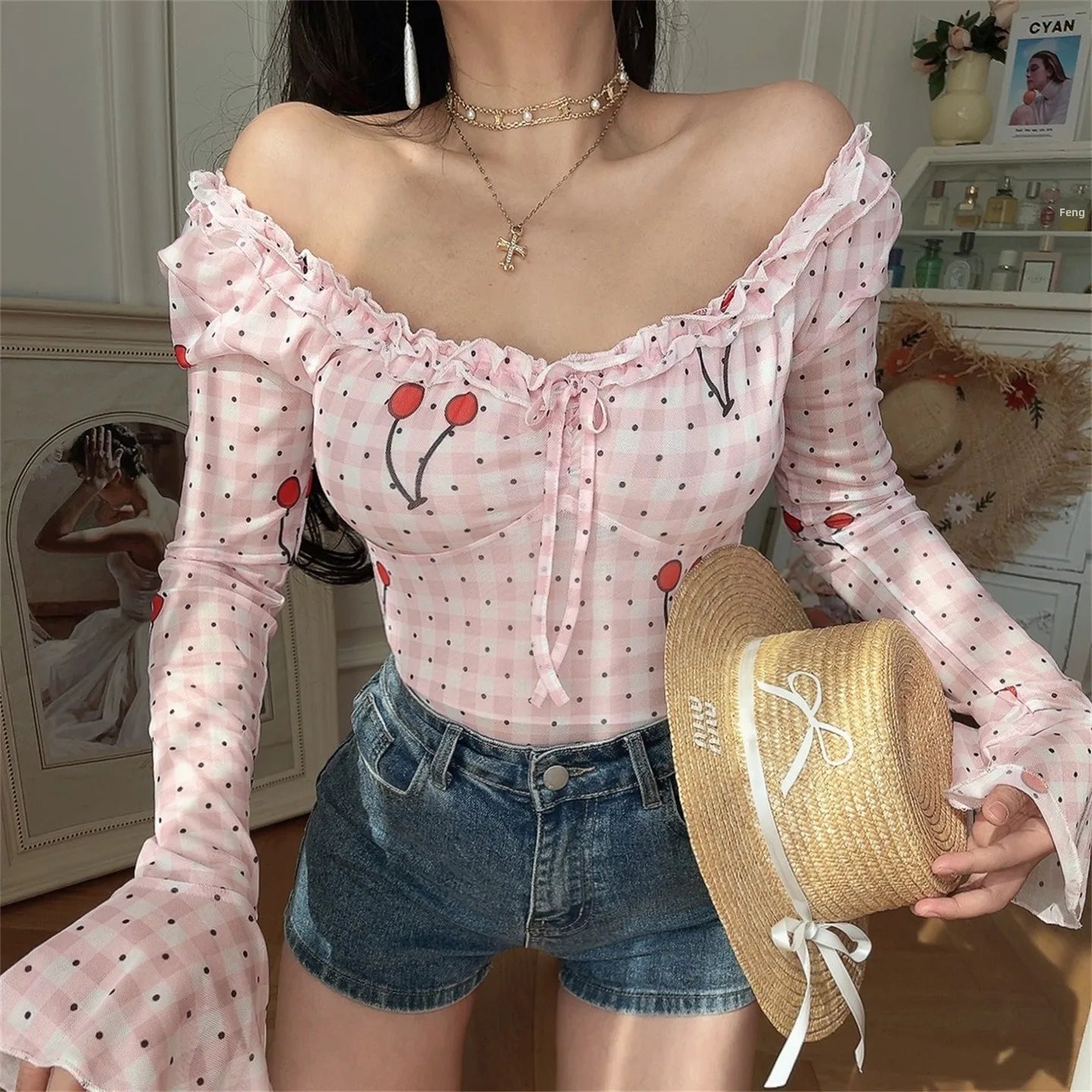 Ingvn  Chenopod Original Spring Summer Elastic Lace Bell Sleeve Shirt French Style Slim Fit Polyester Fiber Long Sleeve Breathable S...