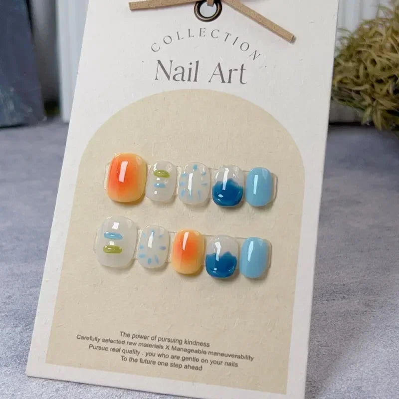 Ingvn  10pcs Handmade Summer Blue Press on Nails Glitter Design Short Round False Nails Aesthetic Finger Nails Set Short Nail Tips Art