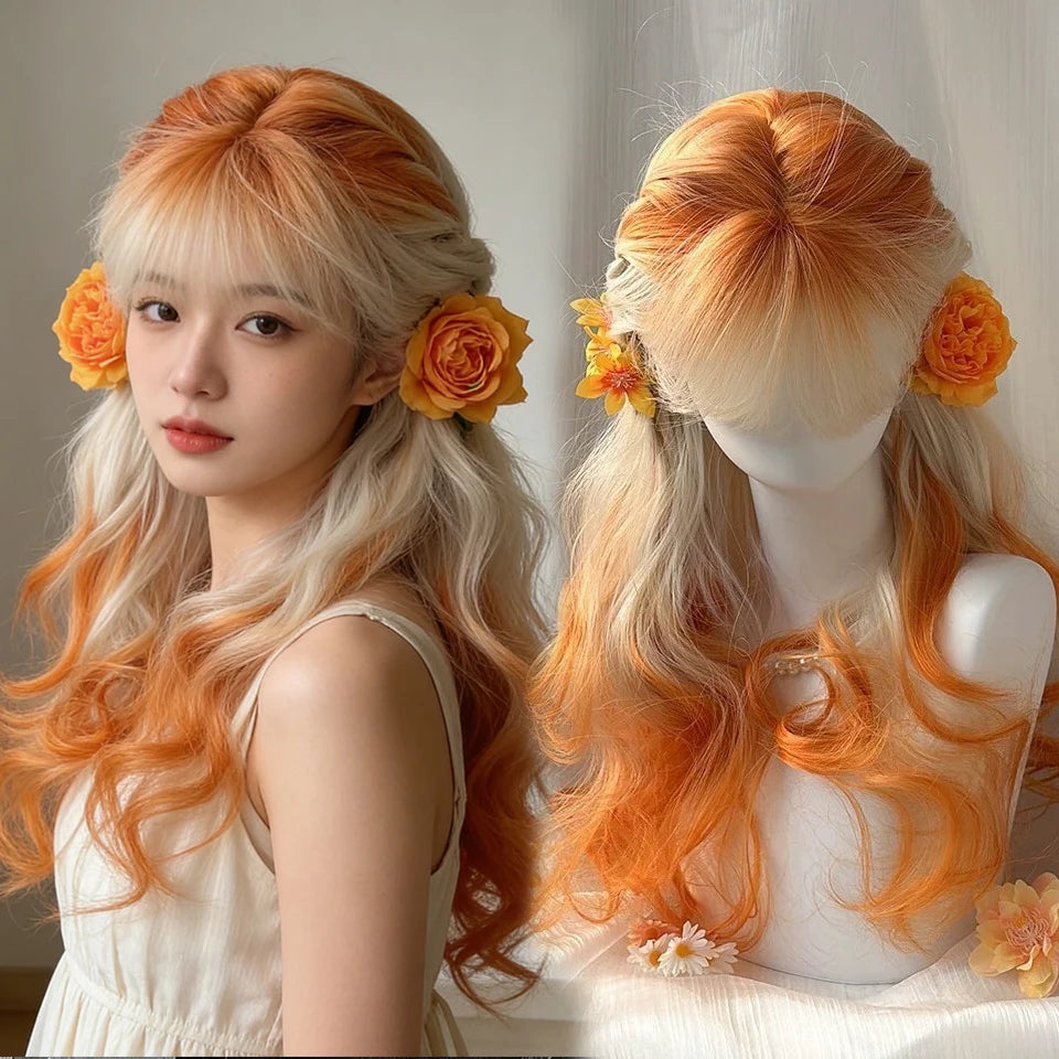 Ingvn - Long Straight Blue Ombre Brown Wig with Bangs Synthetic Natural Layered Lolita Wig Halloween Cosplay Costume Wig for Women
