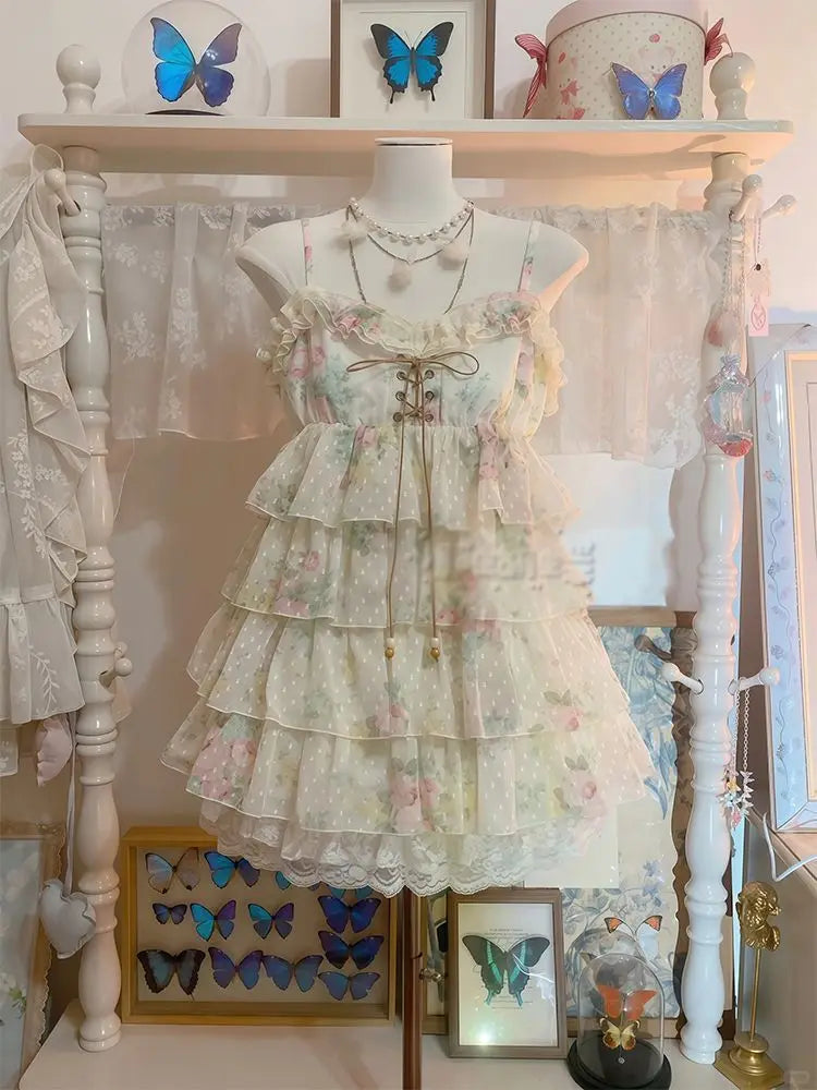 Ingvn  Y2k Sweet Lolita Floral Mini Dress Outfits Women Japanese Vintage Ruffle Dress High Waist Kawaii Cute Casual Dress Chic