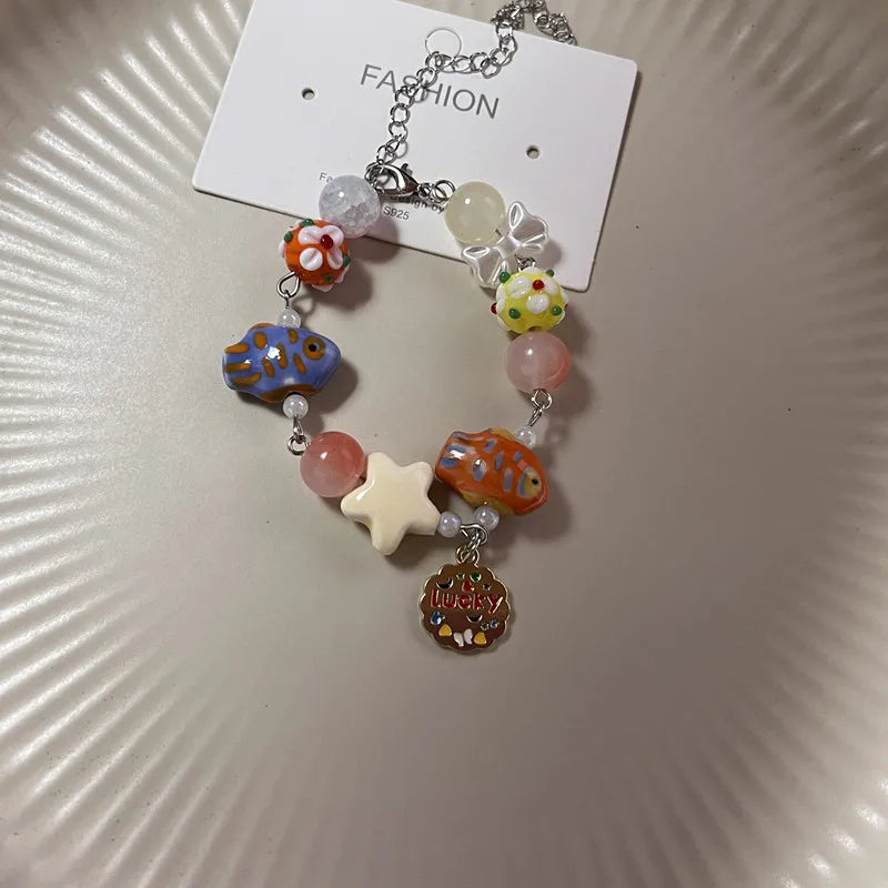 Ingvn  New Cute Geometry Star Conch Ceramic Glass Acrylic Beaded Bracelet Girl Kpop Aesthetic Charm Jewelry Y2K Marine Accessories