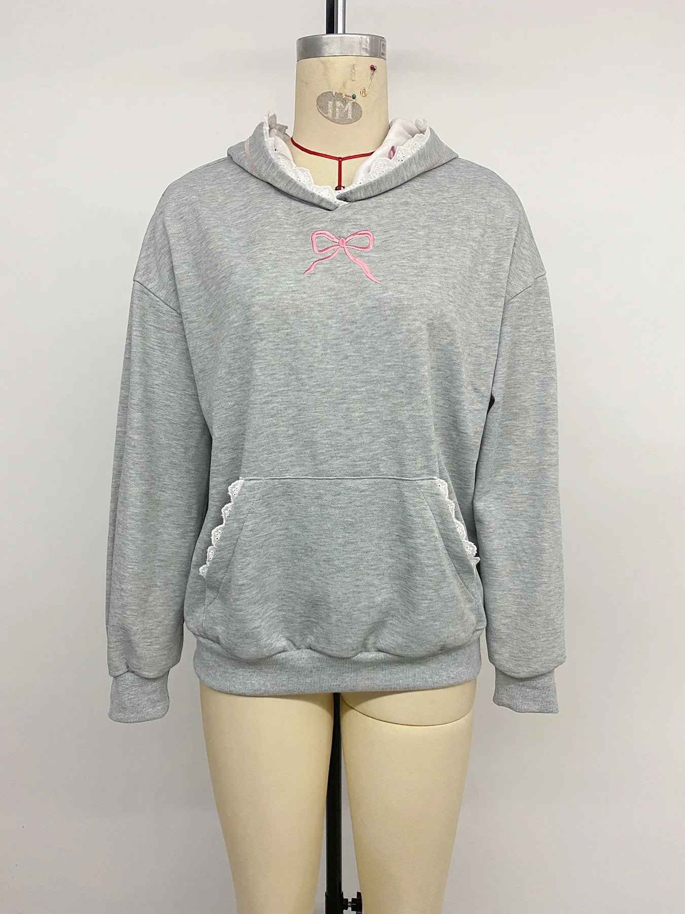 Ingvn - Women Sweet Hoodie Bow Embroidery Lace Trim Splice Long Sleeve Loose Casual Pullover Sweatshirt