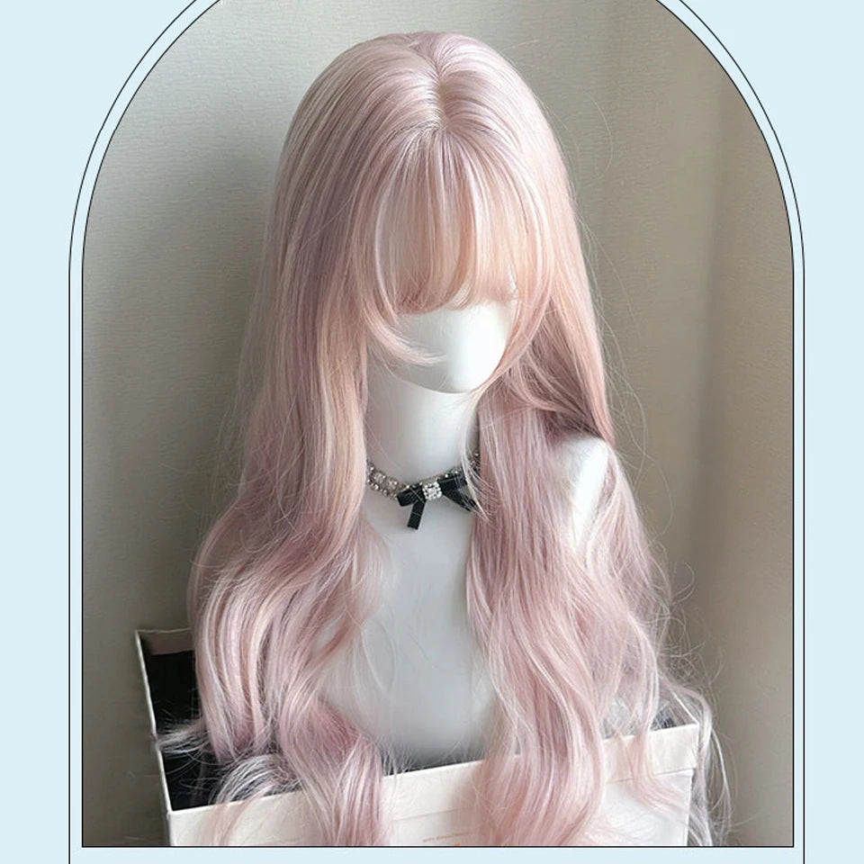 Ingvn  Long Wavy Pink Wig with Bangs Synthetic Cosplay Natural Lolita Purple Green Wig Halloween Costume Wig for Women Daily Wear
