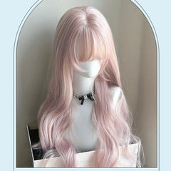 Ingvn  Long Wavy Pink Wig with Bangs Synthetic Cosplay Natural Lolita Purple Green Wig Halloween Costume Wig for Women Daily Wear