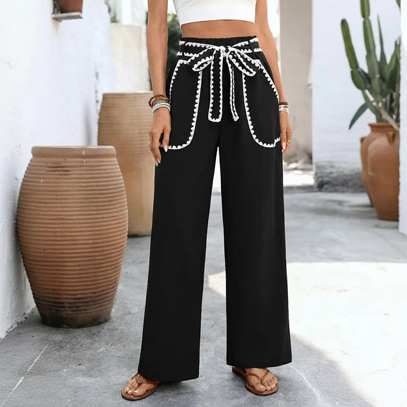 Ingvn  Summer Spring Women's Clothing High Waist Wide Leg Casual Pants With Drawstring Loose Fit Tapered Polyester Long Trousers