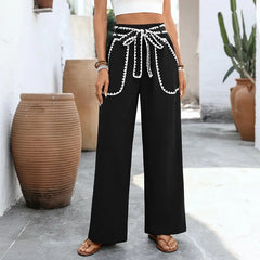 Ingvn  Summer Spring Women's Clothing High Waist Wide Leg Casual Pants With Drawstring Loose Fit Tapered Polyester Long Trousers