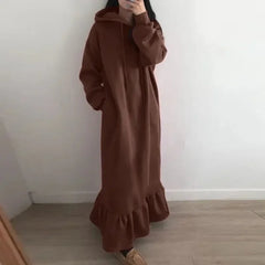 Ingvn  New Women's Autumn and Winter New Style Fleece Hooded Base Sweater Dress Ladies Casual Straight Pocket Loose Hooded Long Dress
