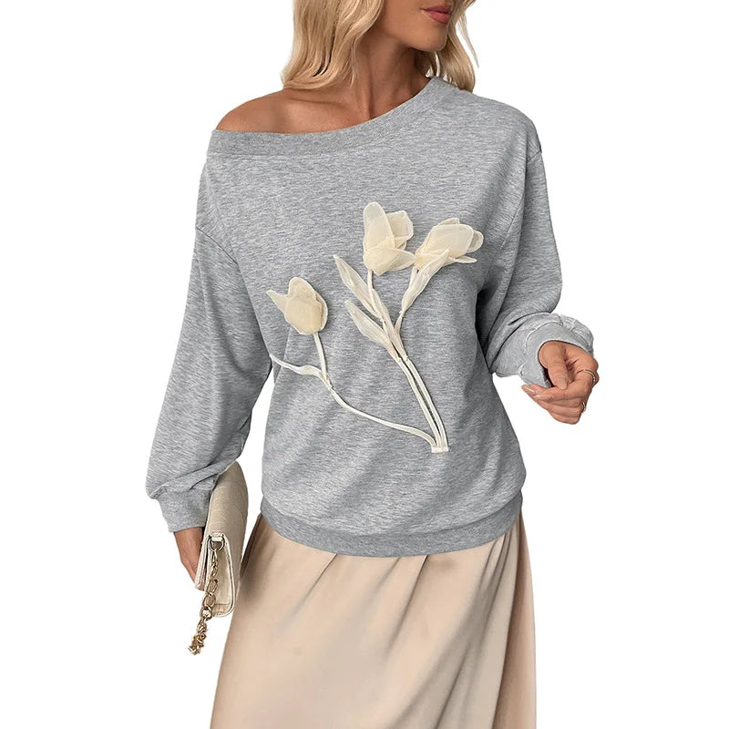 Ingvn - European American New Autumn Winter Women Sweatshirt 3d Floral Design Long Sleeve Off Shoulder Loose Casual Versatile Pullover