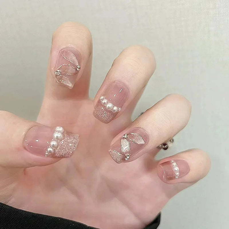 Ingvn  24Pcs Pink Ballet Fake Nails Full Cover Nail Tips Long Ballet False Nails with Rhinestone Chain Design Wearable Press on Nails