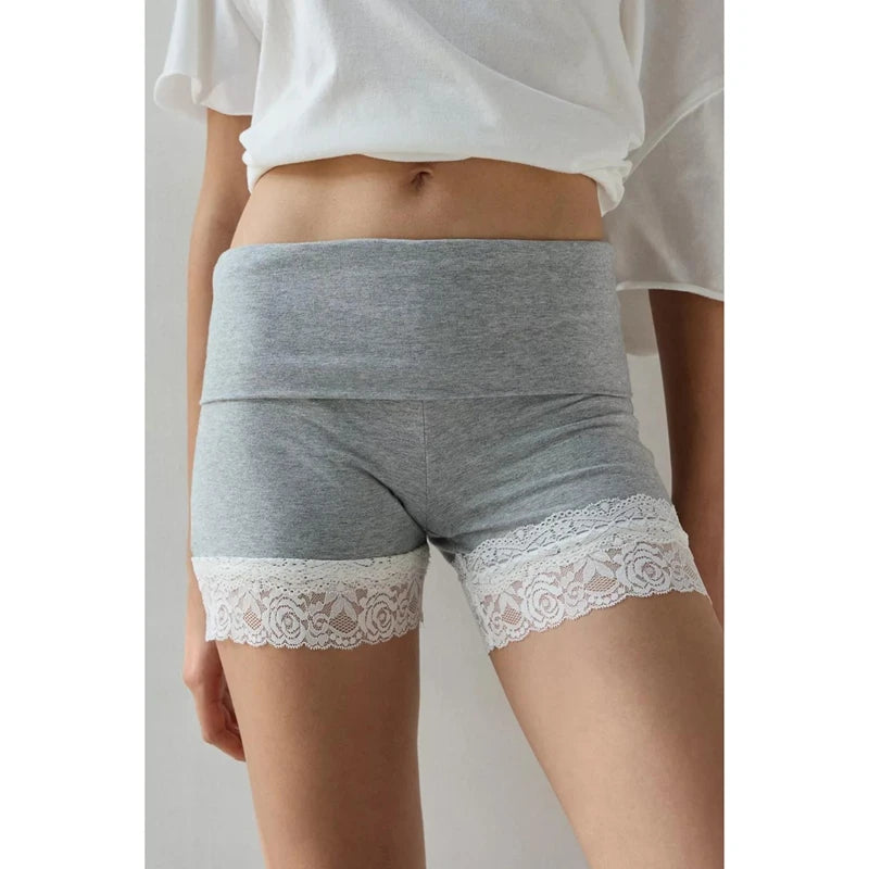 Ingvn  Womens Slim Fit Elastic High Rise Foldover Waist Bottoms with Wide Floral Lace Trim Patchwork Athletic Yoga Shorts