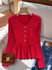 Ingvn - Women V‑Neck Knit Cardigan Bow‑Shaped Metal Buttons Peplum Hem Long‑Sleeve Slim‑Fit Cable Knit Sweater With Pockets
