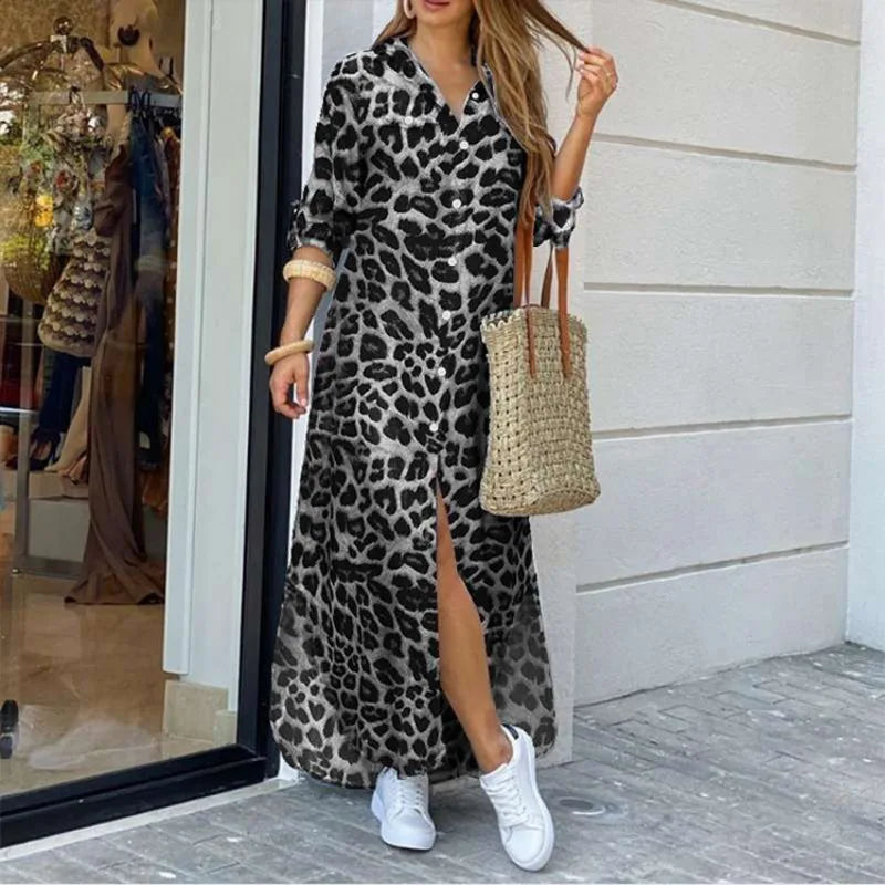 Ingvn  New European American Spring Summer Casual Leopard Print Fashion Slit Extra Long Women's Shirt Dress