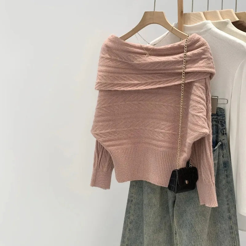 Ingvn - Autumn/Winter Fashion New Korean Warm Thick Design Sweater Single Shoulder Knitted Sweater Elegant Loose Hoodie  Jumper