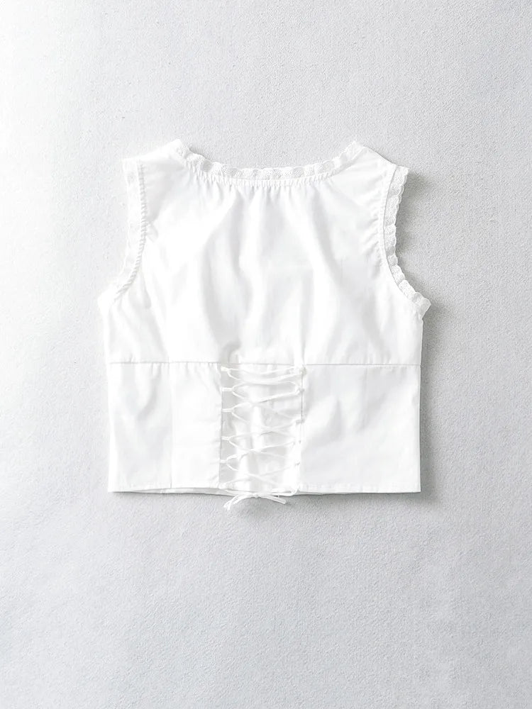 Ingvn  Fashion White Spliced Lace Ruched Slim Sexy Corset Women Summer Back Cross Lace-up Bandage Tank Tops Square Collar Crop Top