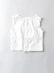 Ingvn  Fashion White Spliced Lace Ruched Slim Sexy Corset Women Summer Back Cross Lace-up Bandage Tank Tops Square Collar Crop Top