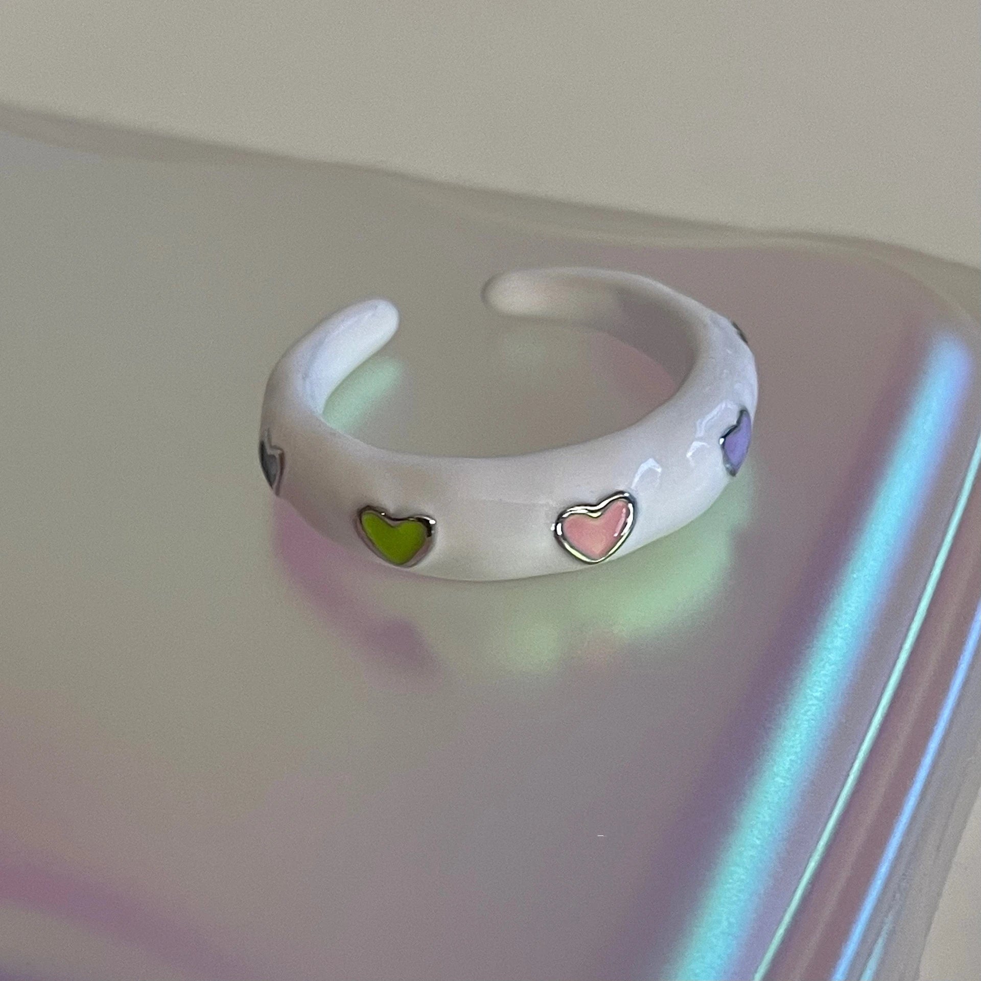 Korean Style Candy Color Enamel Pink Strawberry Heart Charm Rings Metal Chunky Open Adjusting Finger Ring for Women Jewelry