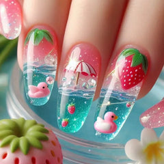 Ingvn  24pcs Sliders for Nails Strawberry Pink Duck Press on Nails with Tools Summer Sweets Reusable adhesive False Nails for Women