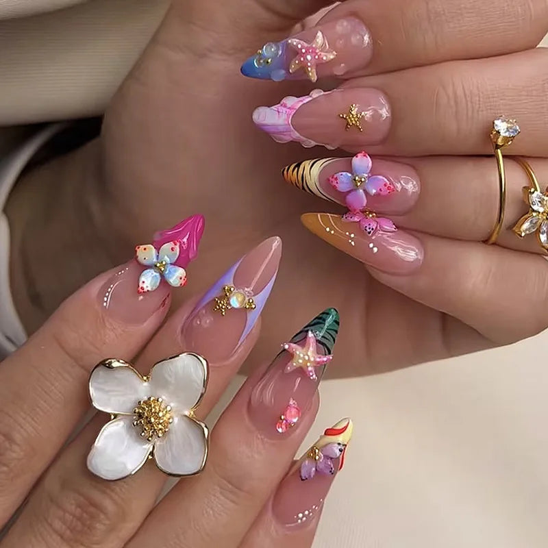 Ingvn  24Pcs White Gradient Almond Fake Nails with Pearl Short Finished Press on Nails Sweet Flower Full Cover False Nails for Women