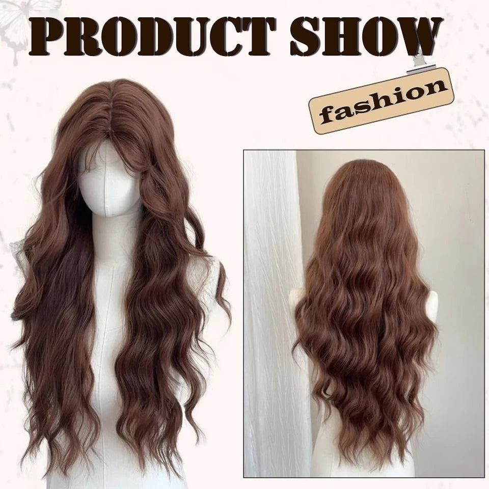 Ingvn  Long Wavy Brown Middle Part Wig Synthetic Lolita Wig Natural Cosplay Party Wig Daily Wear Halloween Costume Y2K Orange Wig