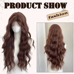 Ingvn  Long Wavy Brown Middle Part Wig Synthetic Lolita Wig Natural Cosplay Party Wig Daily Wear Halloween Costume Y2K Orange Wig