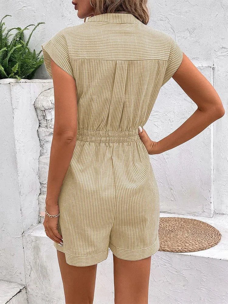 Ingvn  Summer Women's Clothing Casual Striped Short Sleeve Romper For Woman Elegant Commuter Playsuit Lightweight Cotton Capri Pants