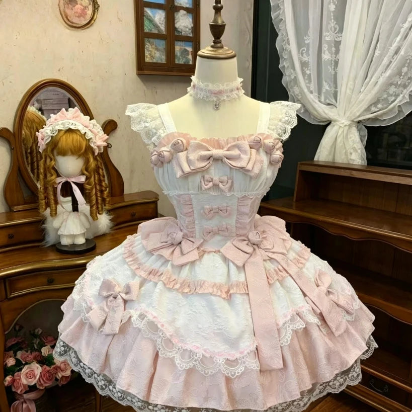 Ingvn  Japanese Harajuku Sweet Strap Lolita Dress Women Y2K Vintage Lace Bow Ruffle Cake dress Slim Bandage Summer Daily Stylish