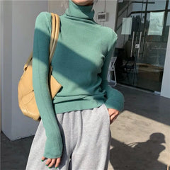 Ingvn - Women's Autumn Winter High Neck Knit Sweater Top Slim Fit Thick Warm Elegant Chic Coquette Trendy Layering Loose