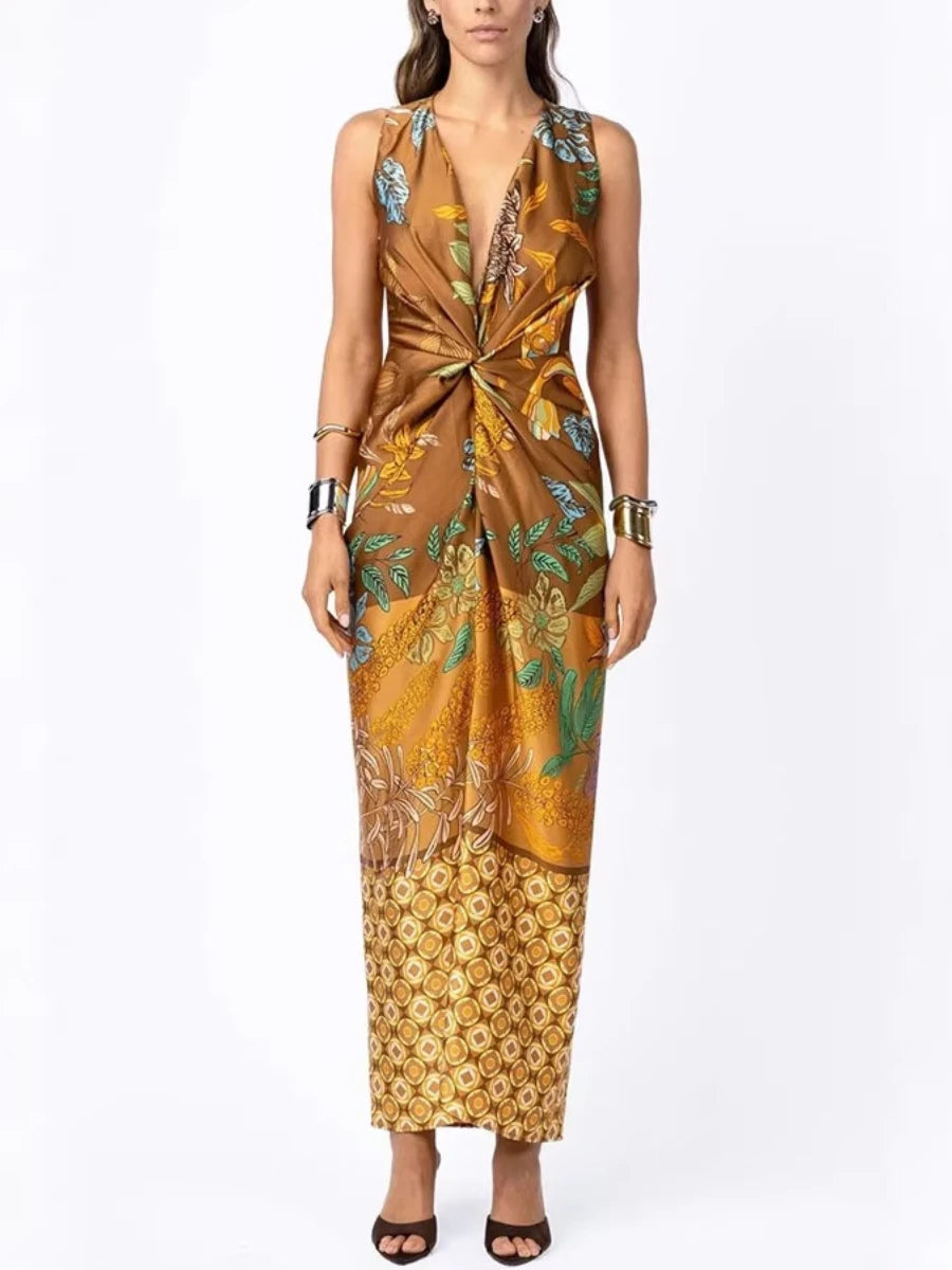 Ingvn  Summer Casual Print Maxi Dresses for Women V Neck Sleeveless Sashes Design Draped Slimming Dress for Beach Vacation