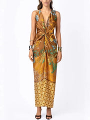 Ingvn  Summer Casual Print Maxi Dresses for Women V Neck Sleeveless Sashes Design Draped Slimming Dress for Beach Vacation
