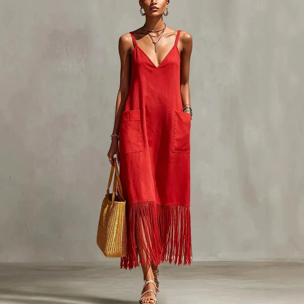 Ingvn  Women's Sleeveless V Neck Tassel Long Dress Fringe Hem Summer Casual Loose Dress  Strap Vacation Sundress with Pockets