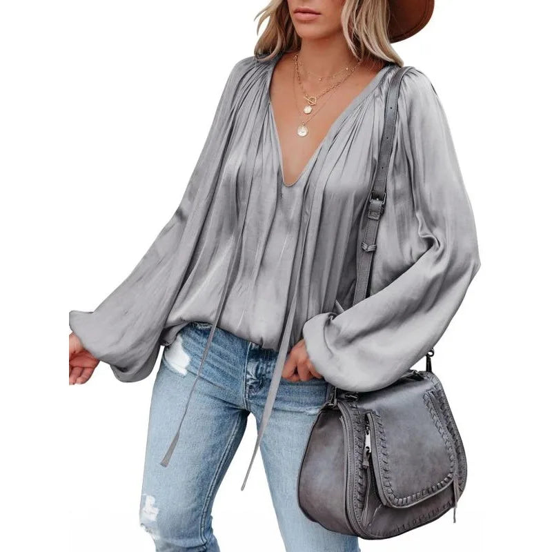 Ingvn  Plus Size 1XL-5XL Fashion Long Sleeve V Neck Office Casual Shirt Women Elegant Simple Loose Blouse Lady Pleated Solid Color Top