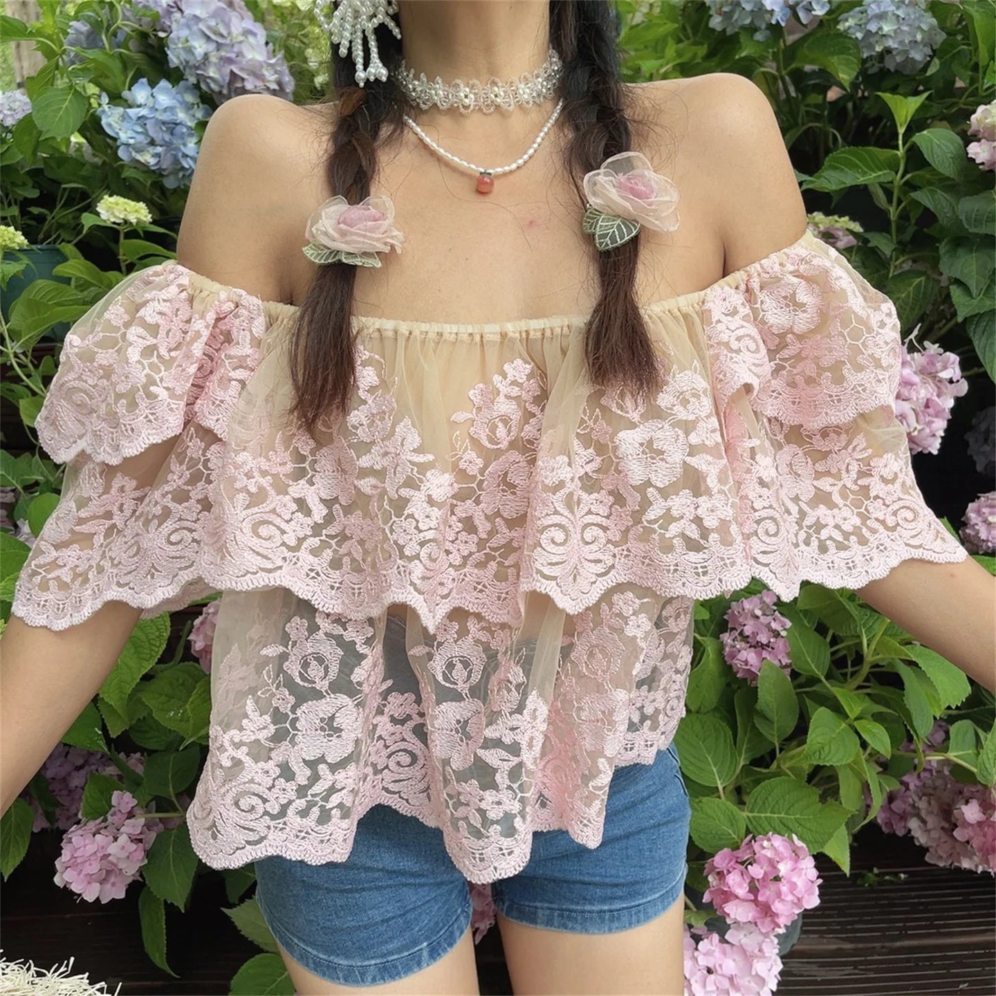 Ingvn  Sexy One-Shoulder Lace Shirt Spring Summer Vacation Floral  Small Shirt Chenopod Polyester Fiber Bubble Sleeve Short Sleeve