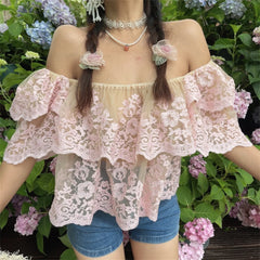 Ingvn  Sexy One-Shoulder Lace Shirt Spring Summer Vacation Floral  Small Shirt Chenopod Polyester Fiber Bubble Sleeve Short Sleeve