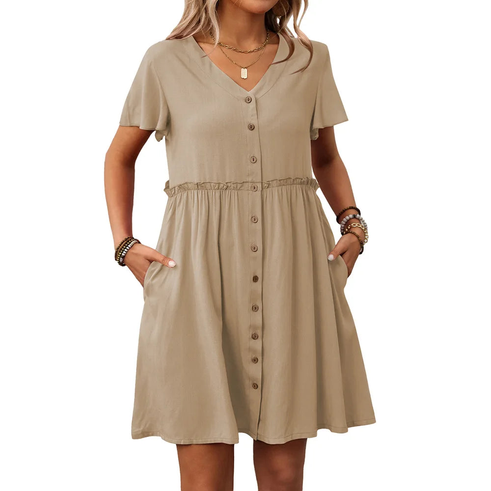 Ingvn  Summer New Women's V-neck Short-sleeve Ruffle Hem Dress