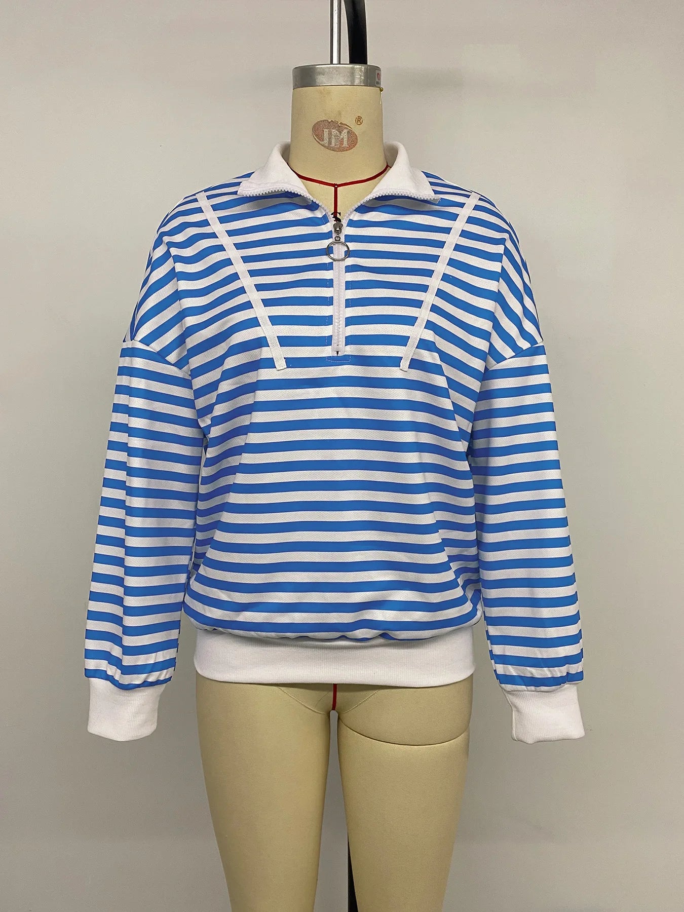 Ingvn - Women Striped Pullover Hoodie Loose Long Sleeve Autumn Winter Casual Zipper Polo Collar Sweatshirt