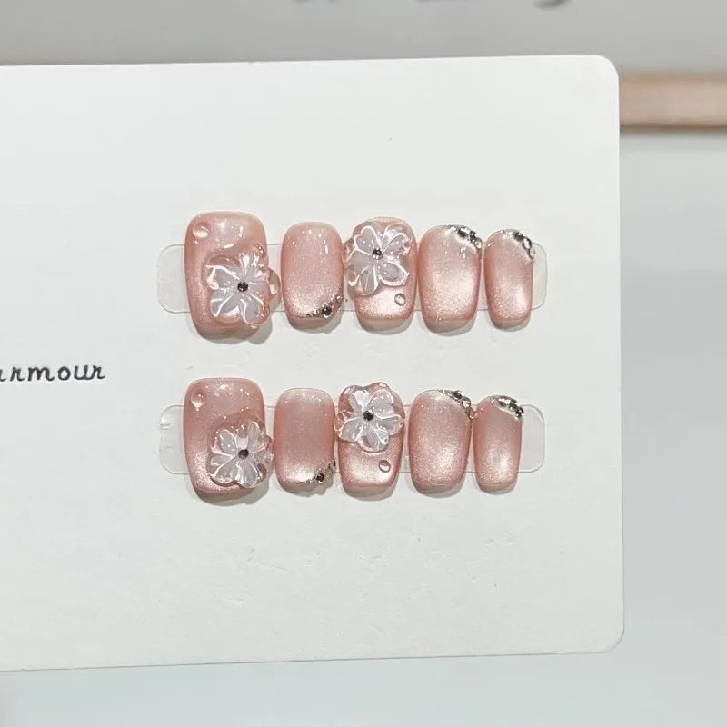 Ingvn  10pcs Handmade Cat Eye Fake Nails Press on 3d Crystal Flower Decorated False Nails Girls Nail Tips Self-adhesive Press on Nail