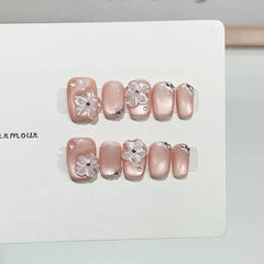 Ingvn  10pcs Handmade Cat Eye Fake Nails Press on 3d Crystal Flower Decorated False Nails Girls Nail Tips Self-adhesive Press on Nail