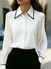 Ingvn  Women Long Sleeve Button Down Blouse Contrast Trim Collar Office Wear Shirt