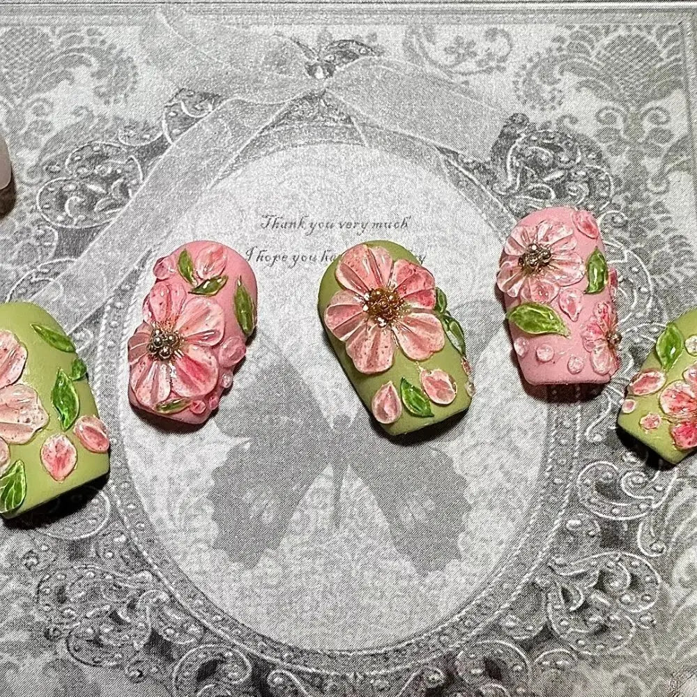 10Pcs Handmade Manicure Short Coffin Fake Nails Flower Limite Nails Press On Nails Design with Adhesive Nail File Set