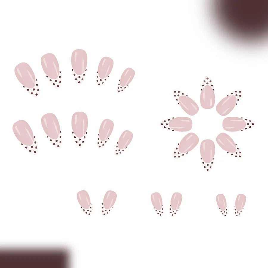 Ingvn  24pcs Medium Short Press on Nails White French Coffee Brown Dots False Nails Woman Almond Nail Tips Finger Nails with Tools